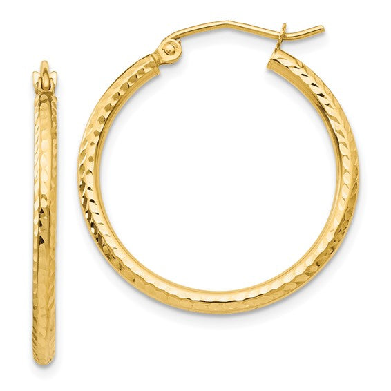 14k Yellow Gold Diamond-Cut 2mm Round Tube Hoop Earrings