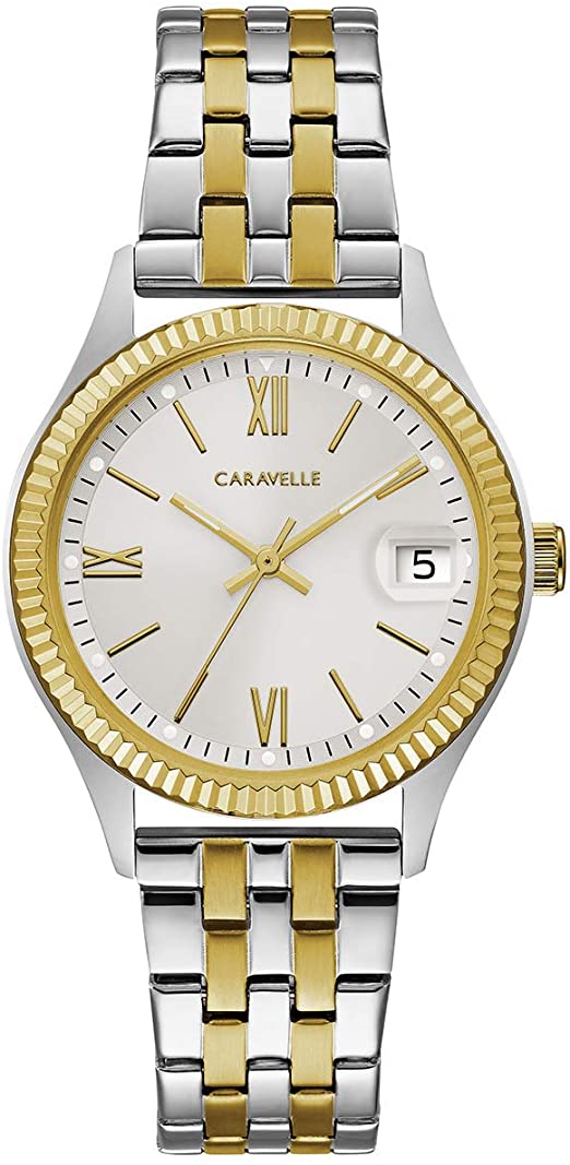 Caravelle by Bulova Three-Hand Gold Tone and Stainless Steel Ladies Watch with Silver-White Dial