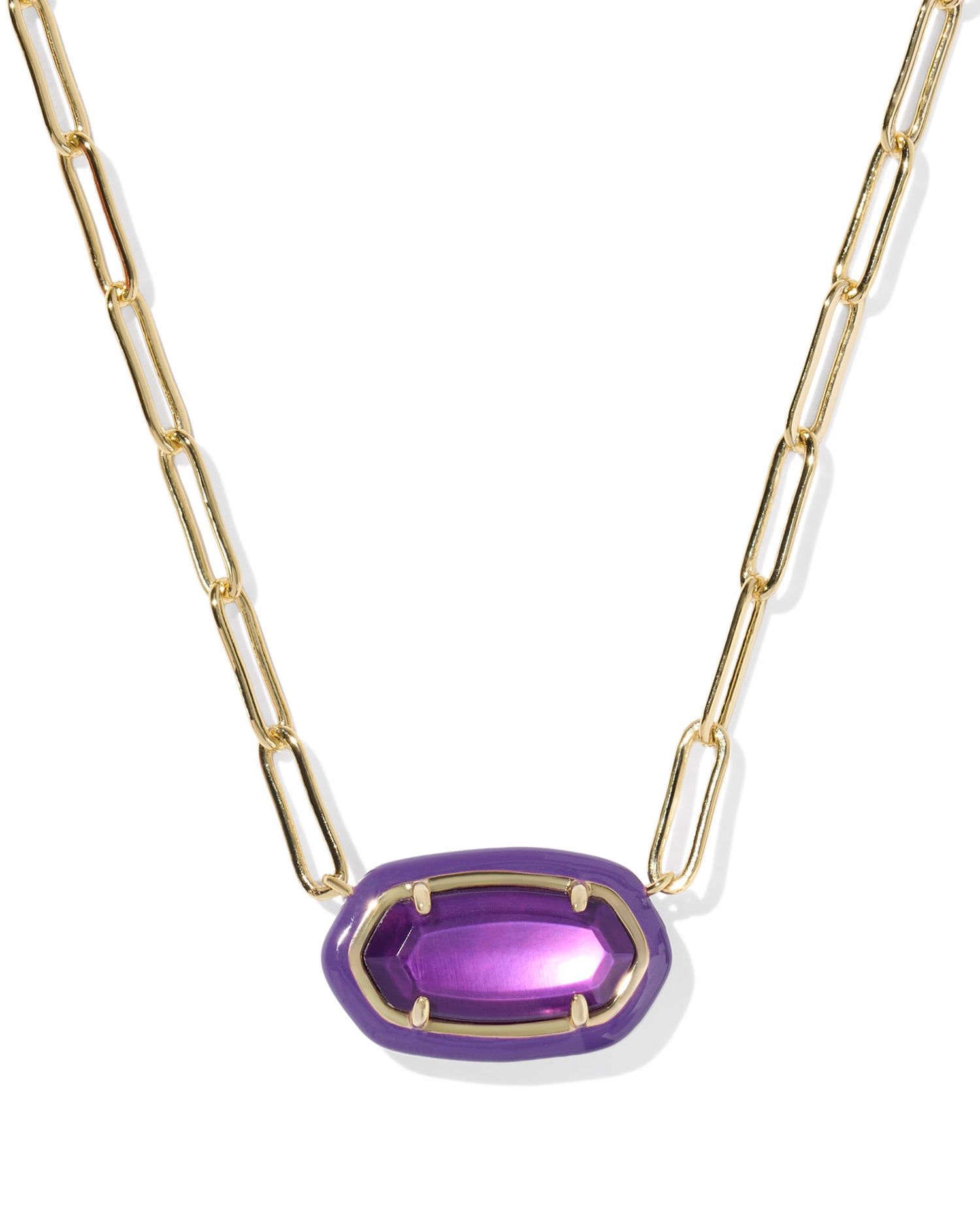 Elisa Enamel Frame Paperclip Necklace Gold Purple Mother of Pearl