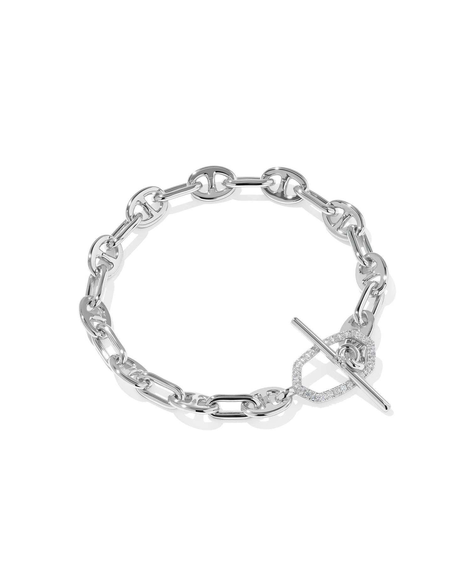 Elaina Toggle Link and Chain Bracelet Silver White CZ