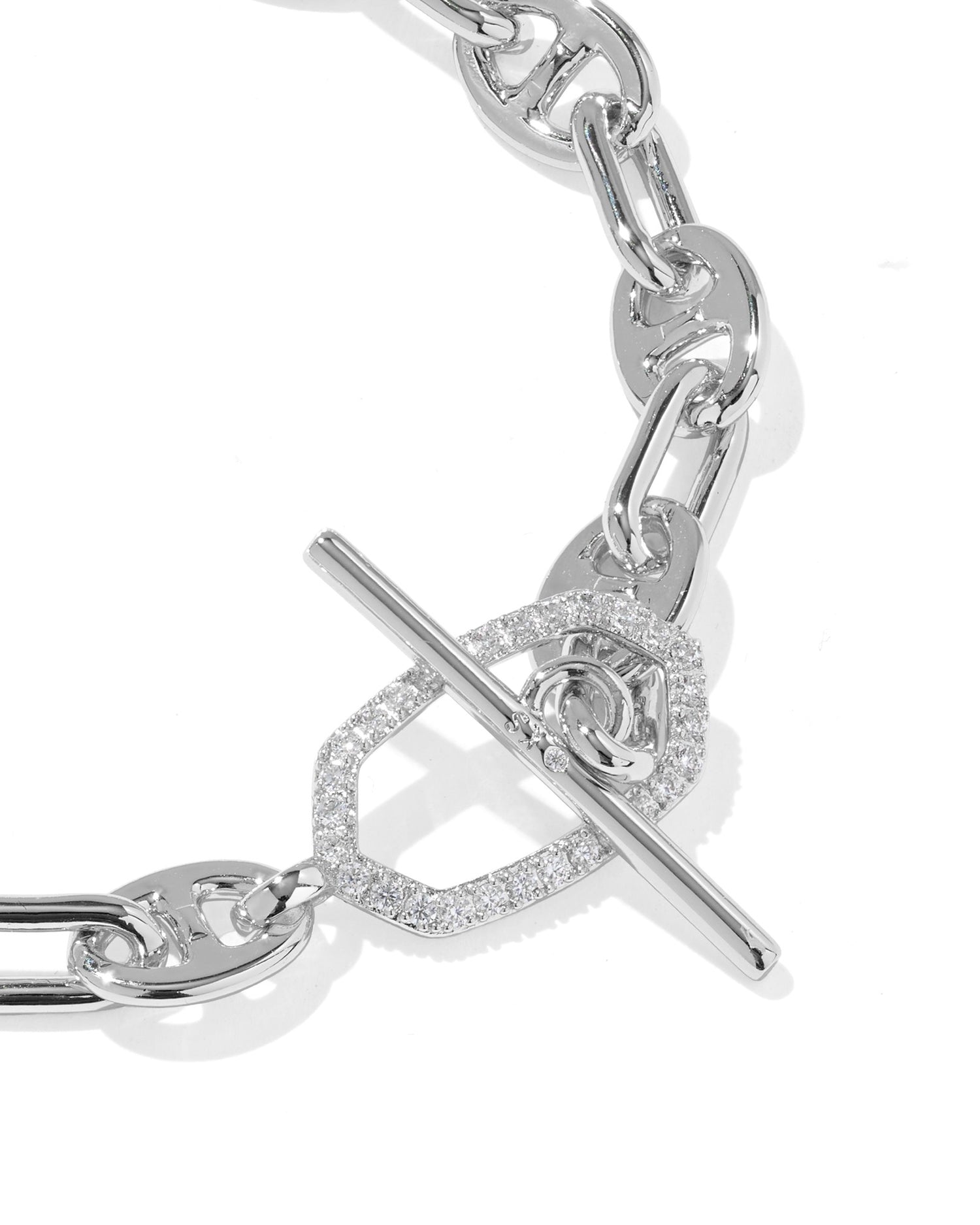 Elaina Toggle Link and Chain Bracelet Silver White CZ