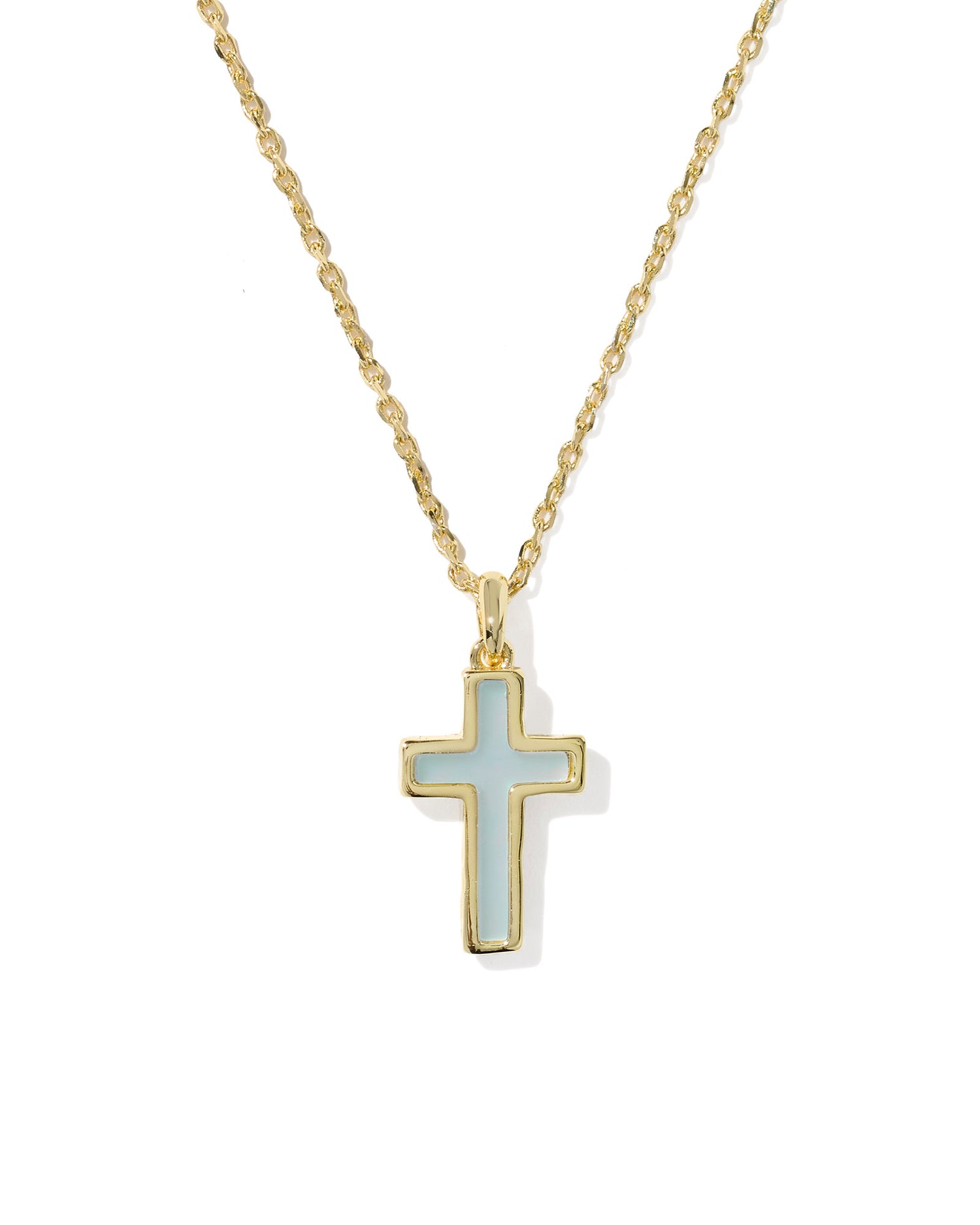 Cross Pendant Necklace Gold Matte Light Blue Dichroic Glass