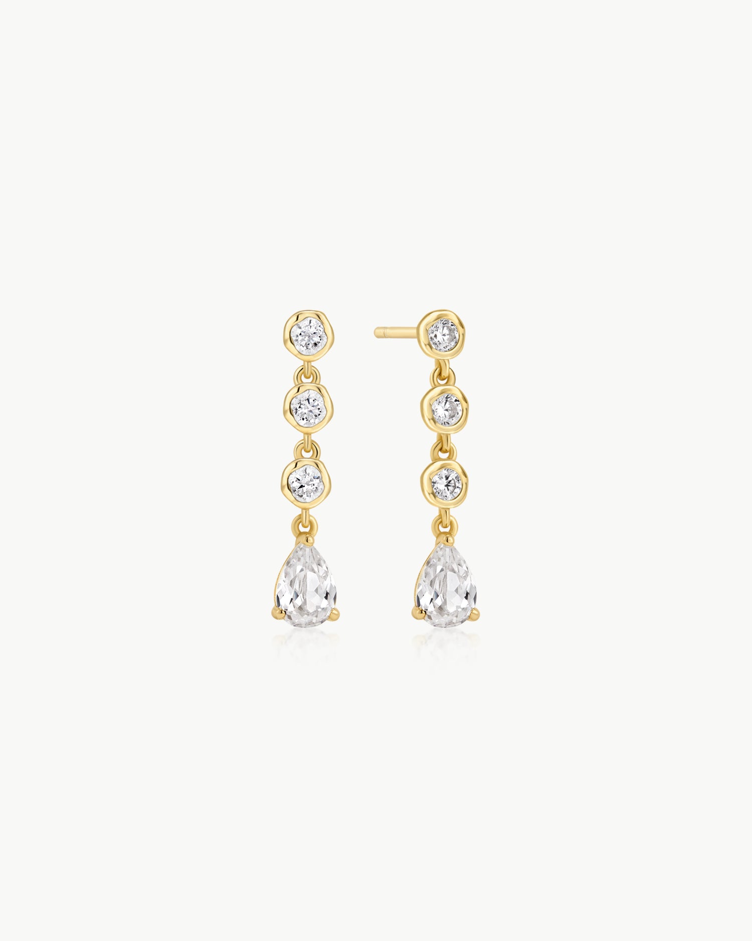 Starlit Drops Gold Molten Cascade Bezel-Set Teardrop Stud Earrings