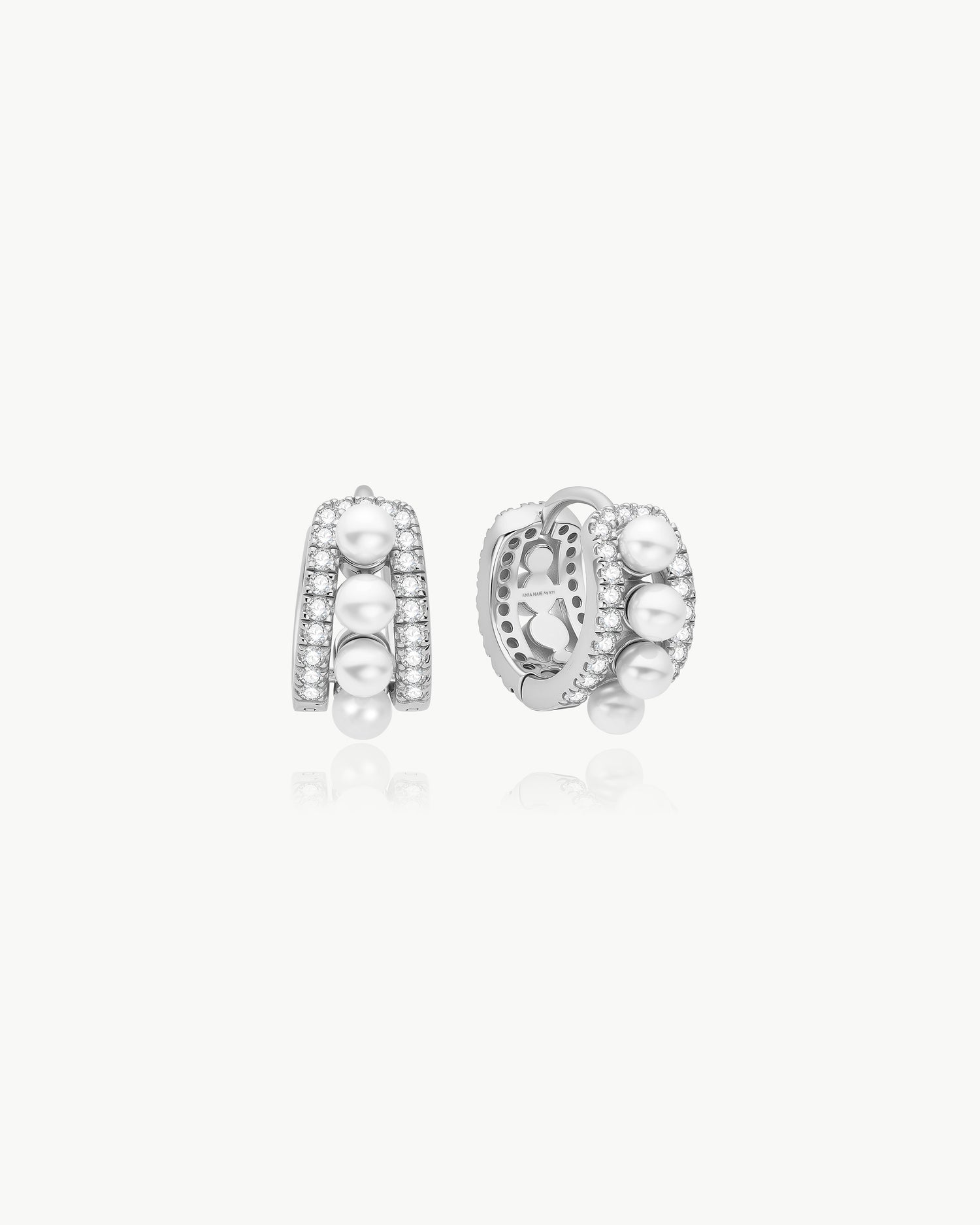 Luna Gaze Silver Sparkling Shell Pearl Row Huggie Hoop Earrings