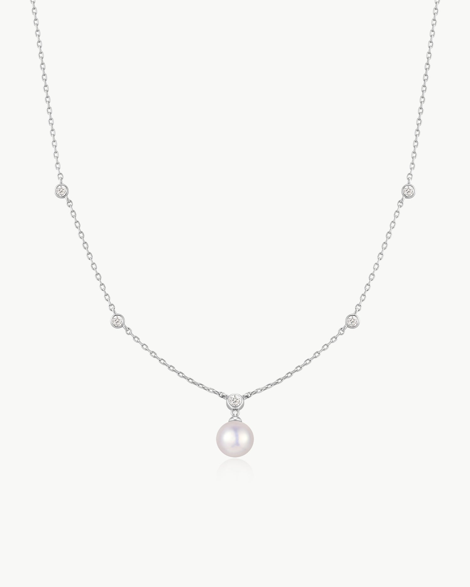 Luna Gaze Silver Bezel-Set Station Necklace with Shell Pearl Pendant
