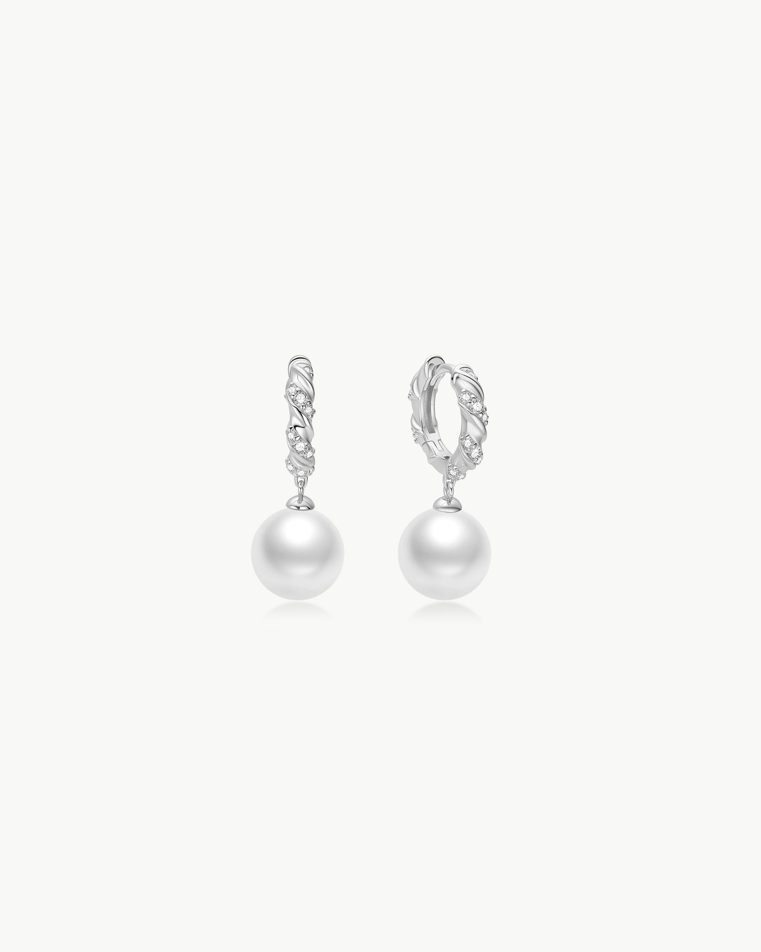 Luna Gaze Silver Shell Pearl Dangling Twisted Huggie Hoop Earrings