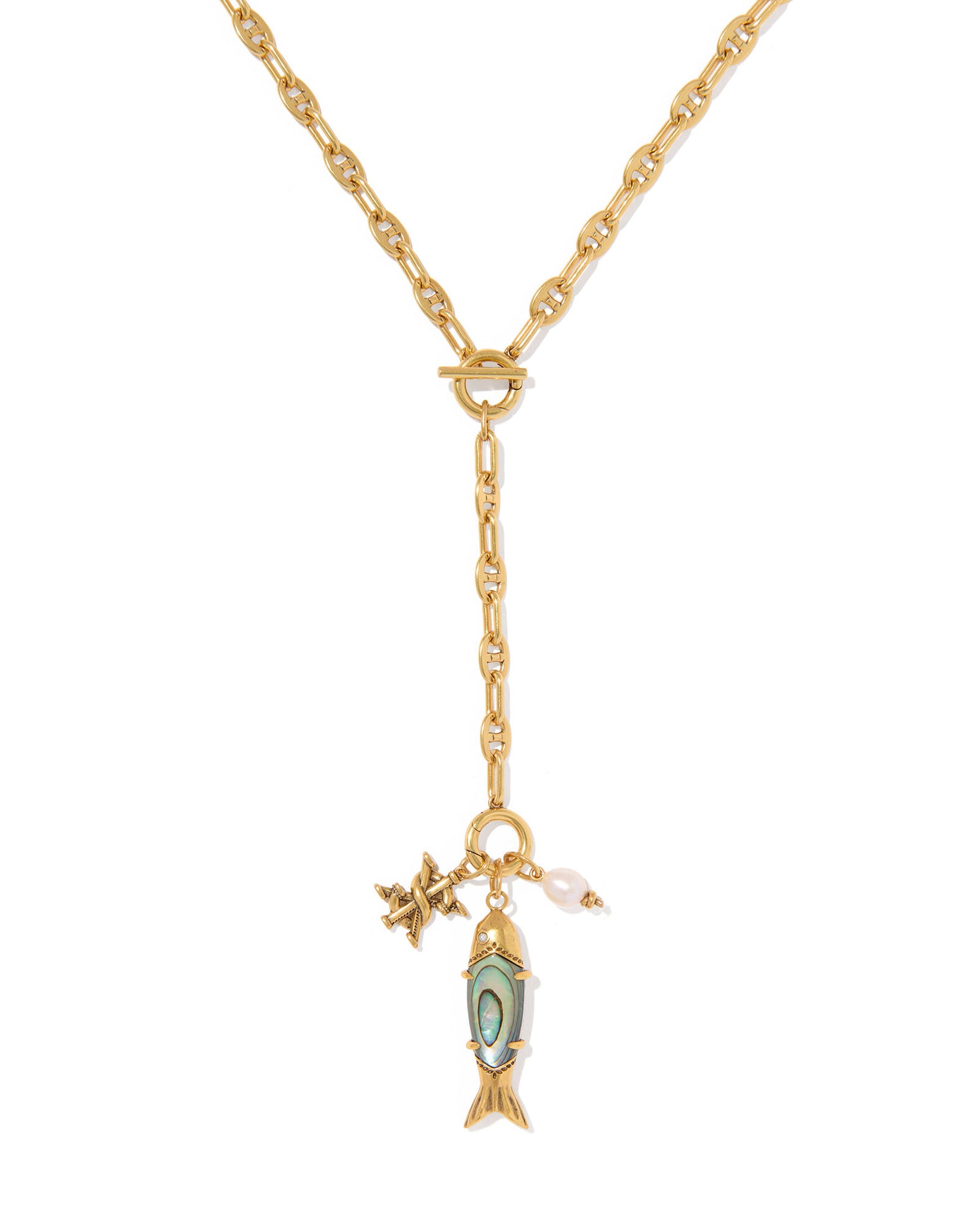Parker Fish Long Charm Necklace Vintage Gold Abalone Shell