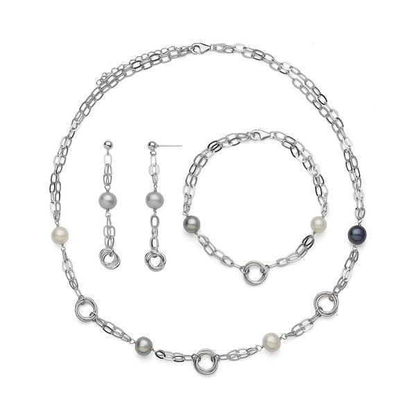 Sterling Silver Dyed Gray Freshwater Pearl and Link Dangle Earrings