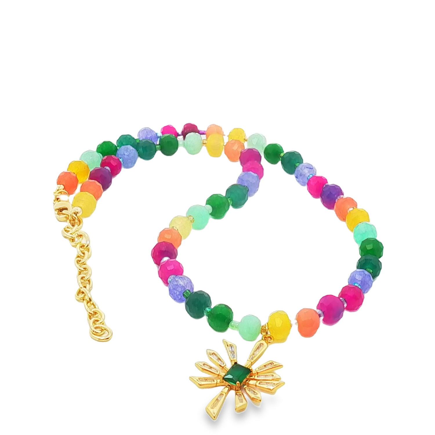 Colorful Jade Beads Adjustable Necklace Bracelet with Sunburst Charm
