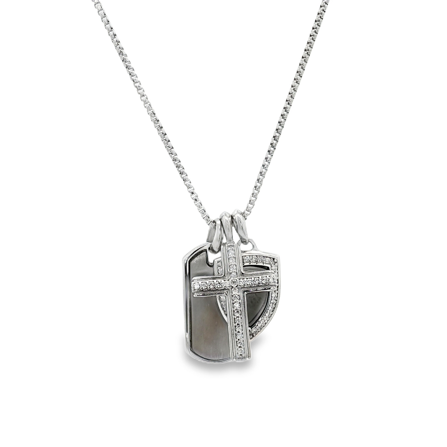 Shield CZ Pendant,  Dog Tag Pendant, and Cross Pendant on a Rounded Box Chain