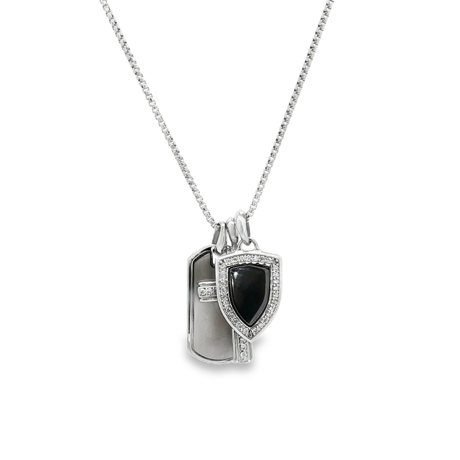 Shield CZ Pendant,  Dog Tag Pendant, and Cross Pendant on a Rounded Box Chain