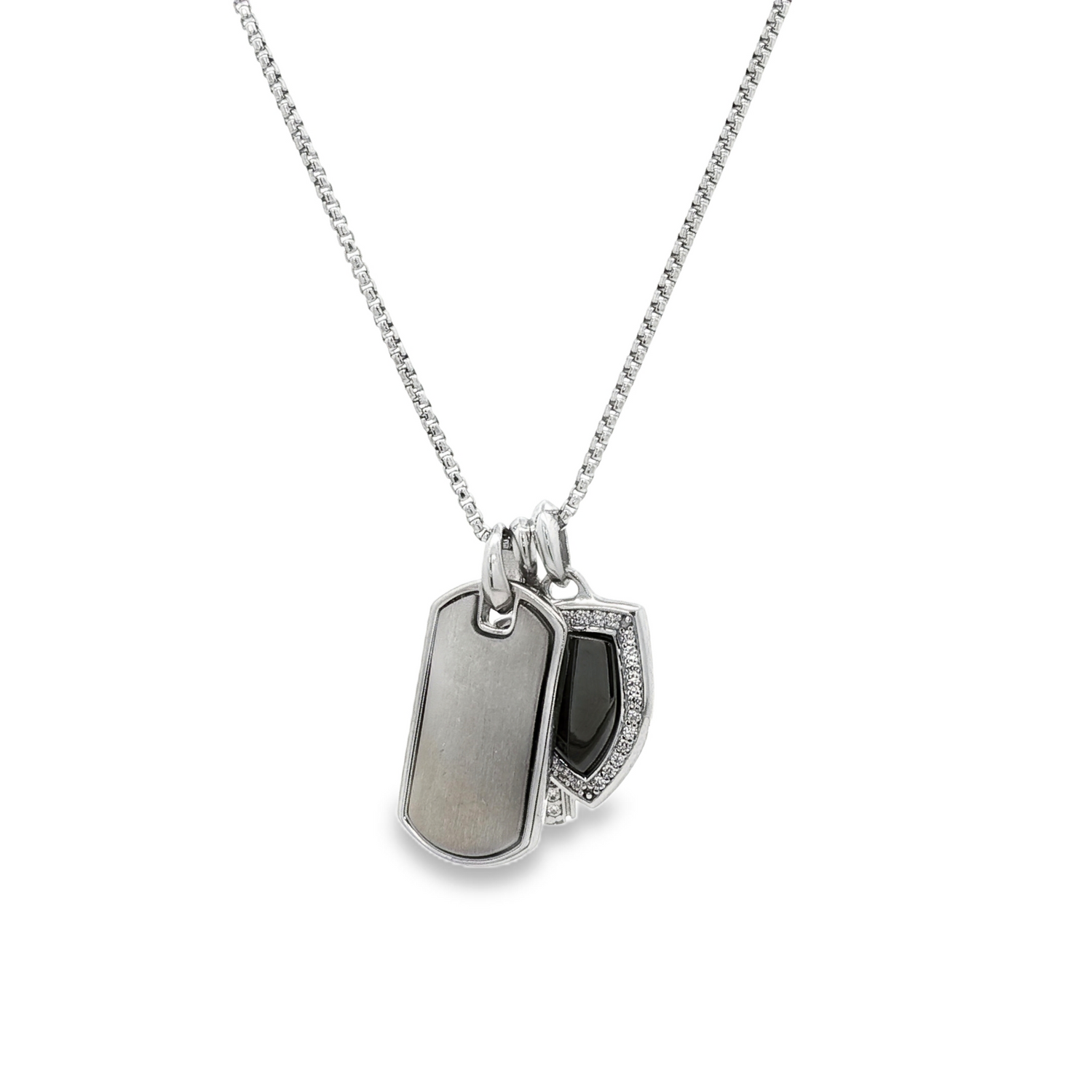 Shield CZ Pendant,  Dog Tag Pendant, and Cross Pendant on a Rounded Box Chain