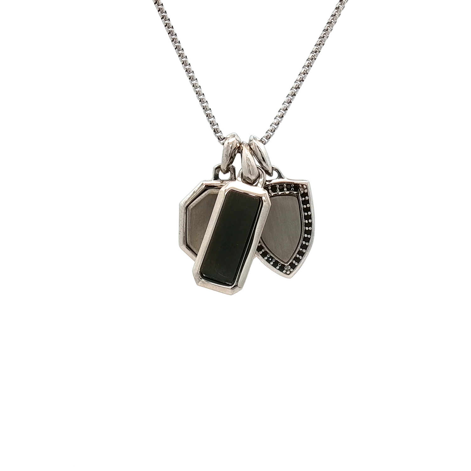 Rectangle, Octagon, and Shield Pendants on a Rounded Box Chain
