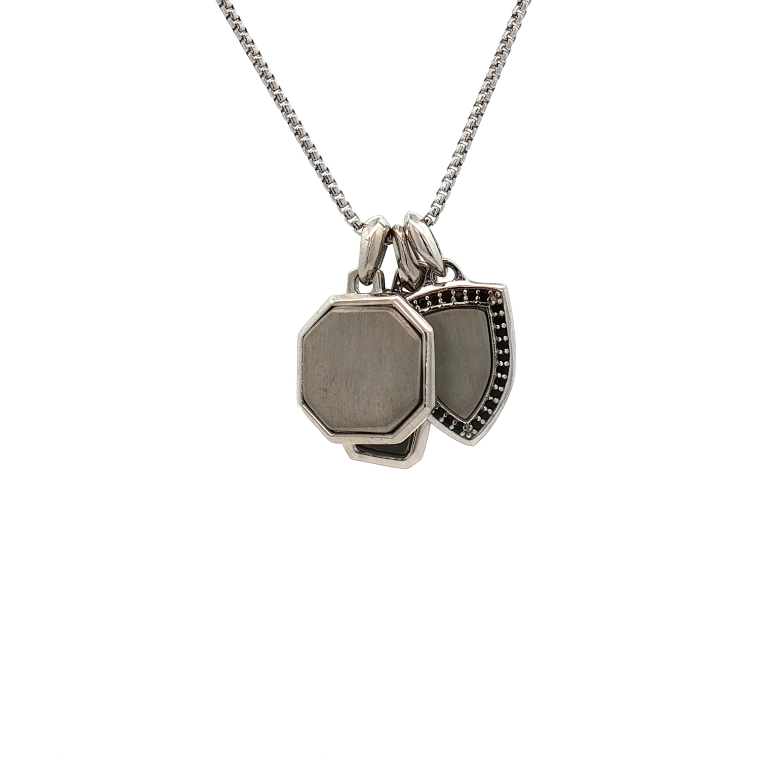 Rectangle, Octagon, and Shield Pendants on a Rounded Box Chain