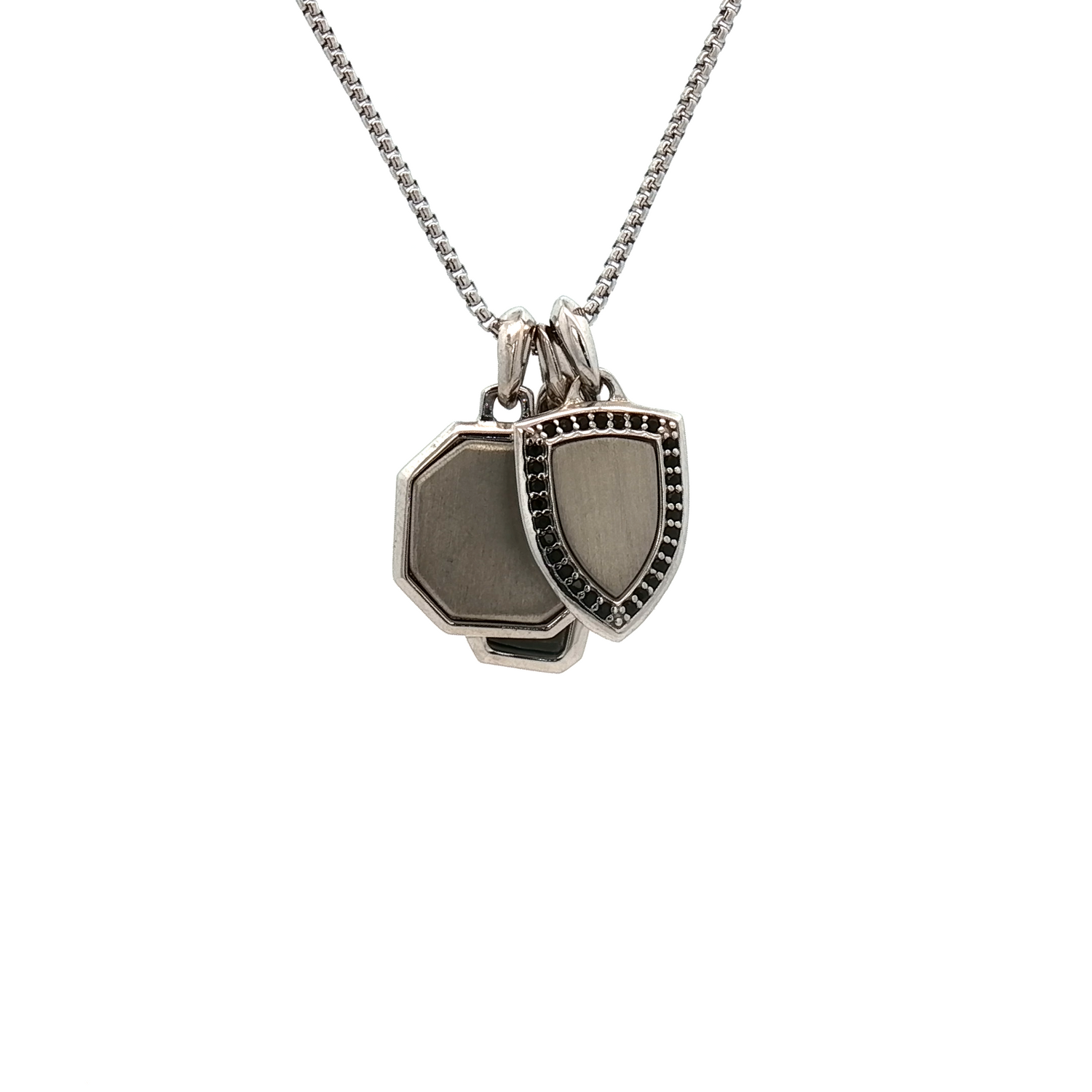 Rectangle, Octagon, and Shield Pendants on a Rounded Box Chain