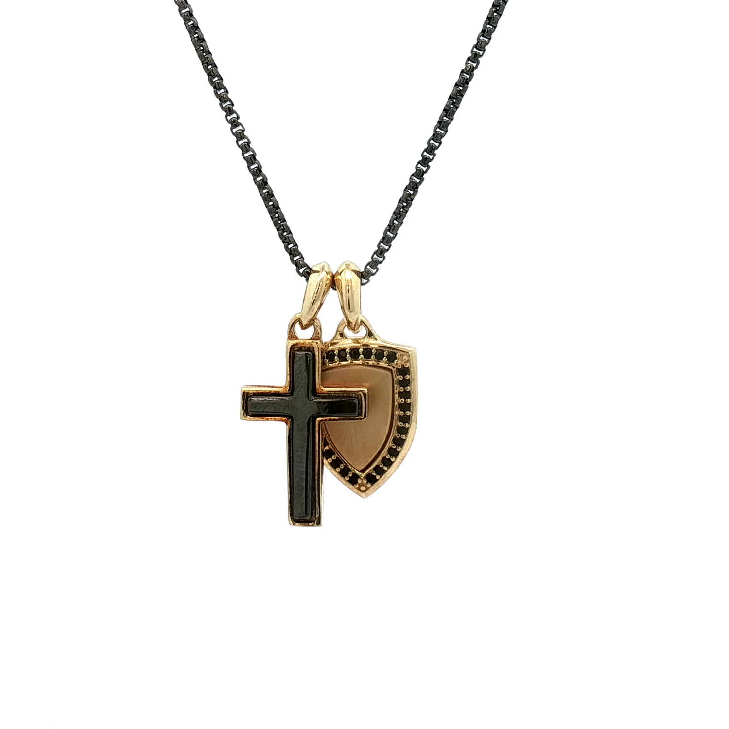 Cross and Shield Pendant Charms on a Rounded Box Chain