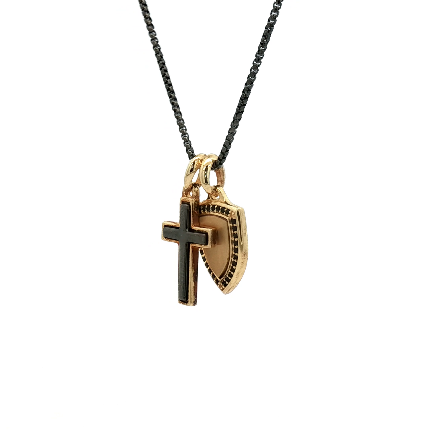 Cross and Shield Pendant Charms on a Rounded Box Chain