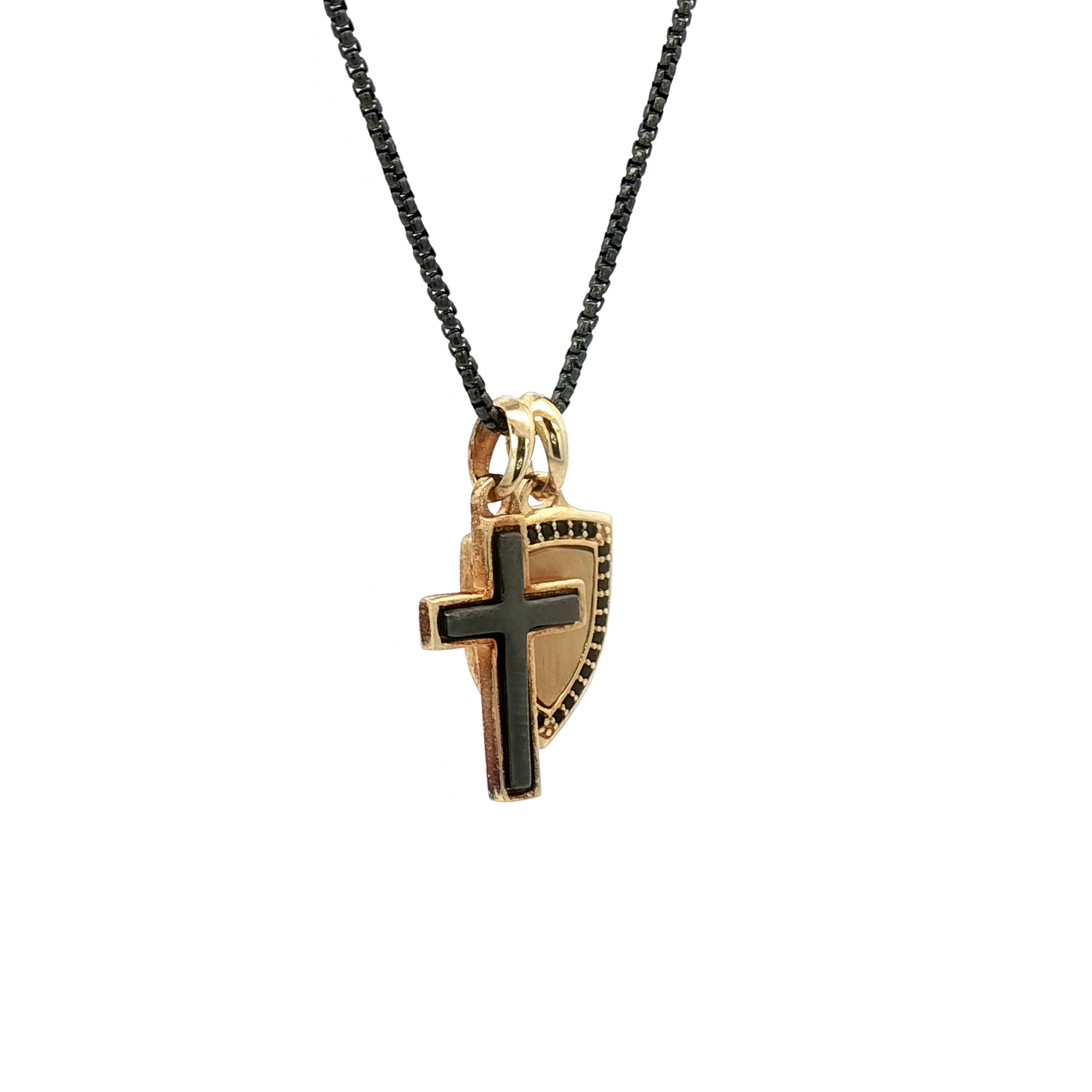 Cross and Shield Pendant Charms on a Rounded Box Chain