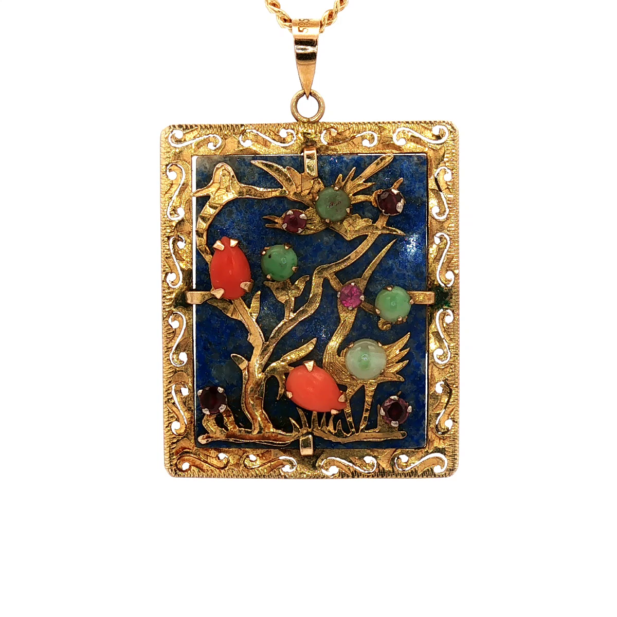 14k Yellow Gold Mutlti Gemstone Nature Pendant with Birds and Trees Motif