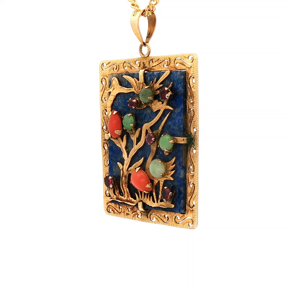14k Yellow Gold Mutlti Gemstone Nature Pendant with Birds and Trees Motif
