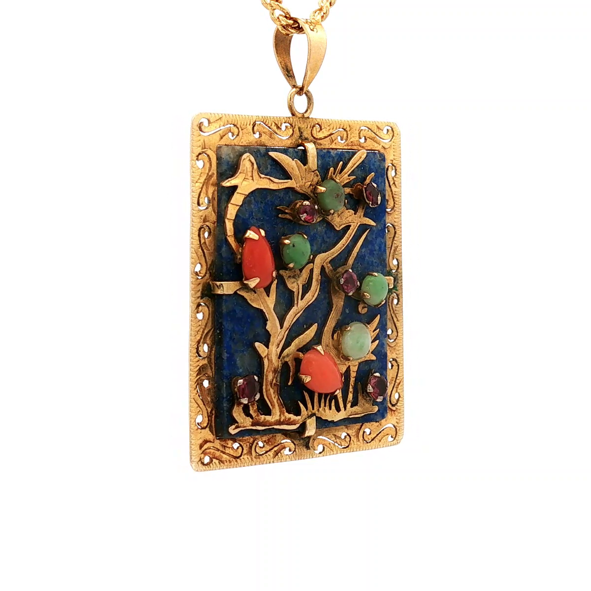 14k Yellow Gold Mutlti Gemstone Nature Pendant with Birds and Trees Motif