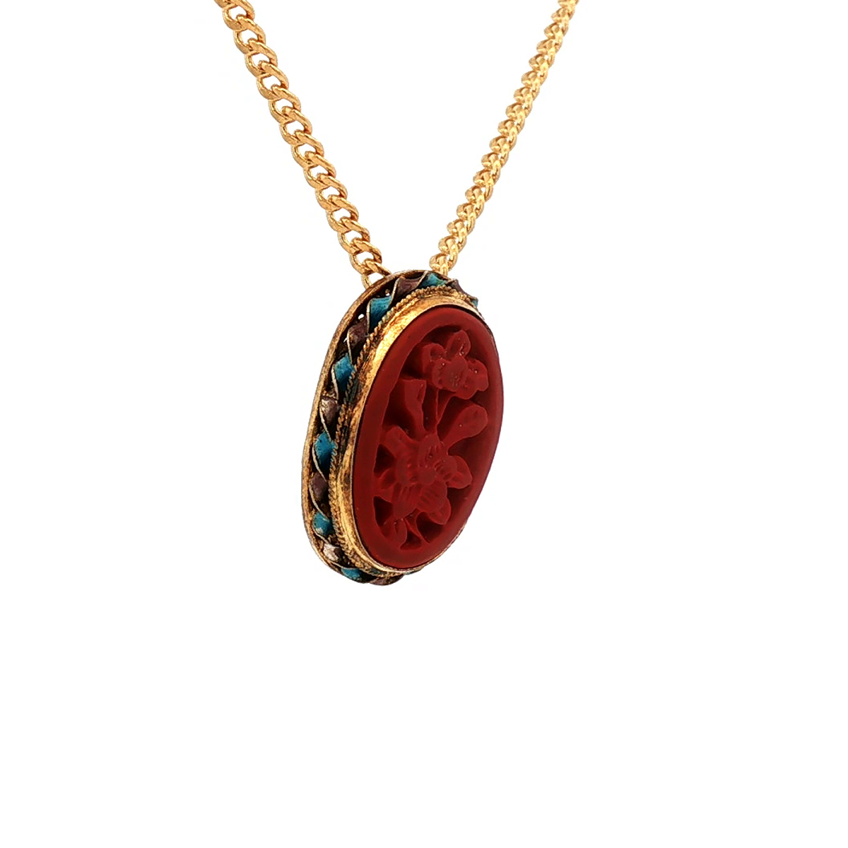 Gold over Sterling Silver Enameled Converted Pin with Floral Red Stone
