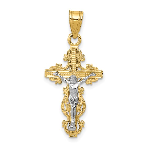 14K Two-tone Small Narrow Cross with Crucifix Pendant
