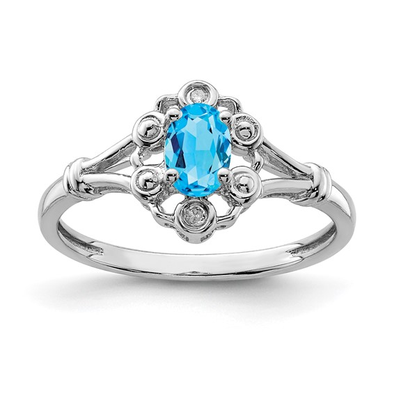 Sterling Silver Blue Topaz Diamond Ring - Size 7