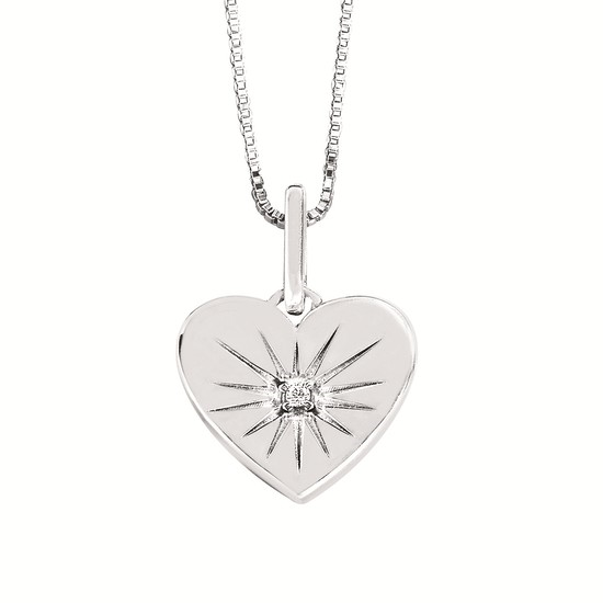 Sterling Silver Etched Design Diamond Heart Necklace