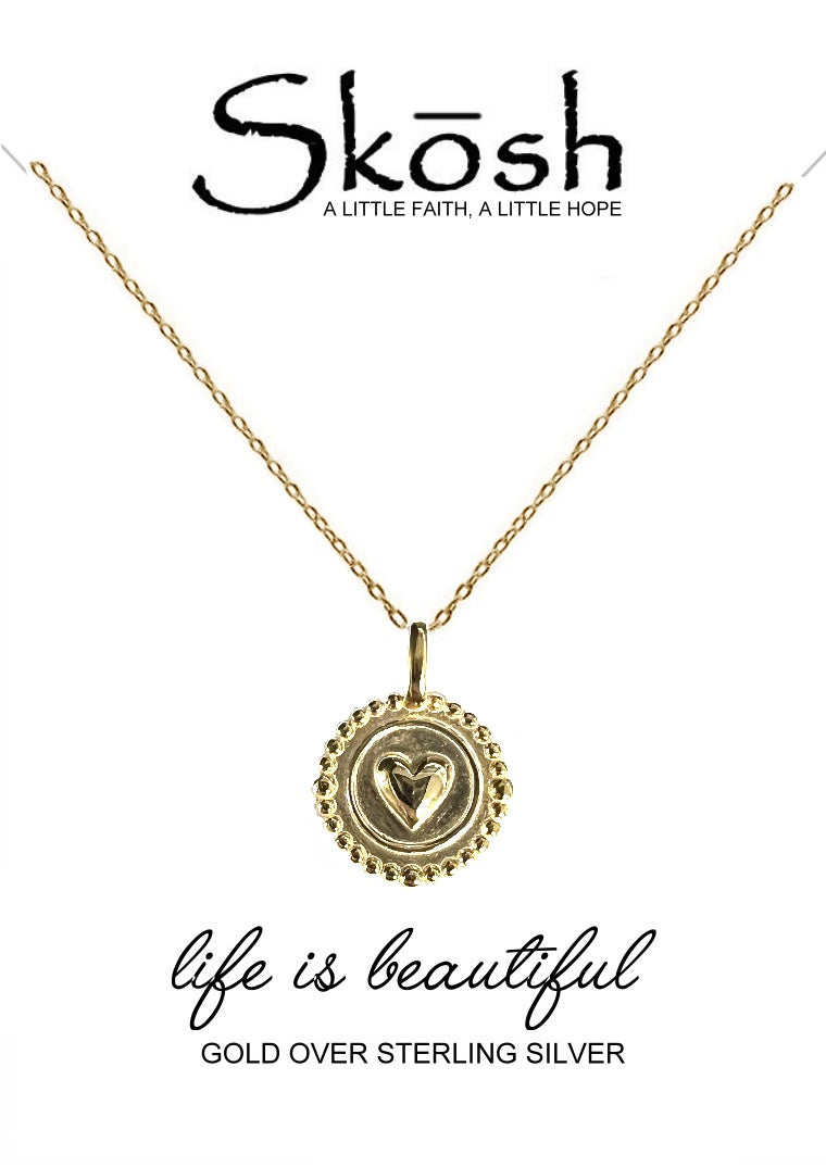 Gold over Sterling Heart on Disk Skosh Necklace