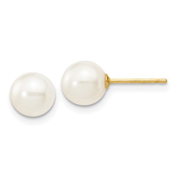 10k Yellow Gold 6-7mm White Round Freshwater Cultured Pearl Stud Post Earrings