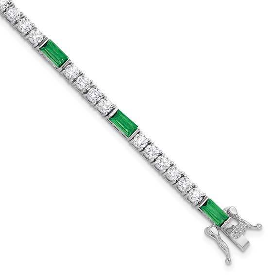 Sterling Silver Rhodium-plated Imitation Emerald and White CZ Tennis Bracelet