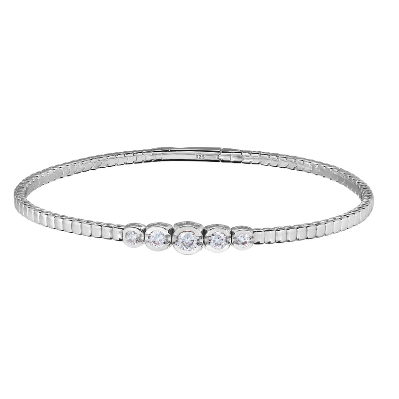 Platinum Finish Sterling Silver Five Bezel Graduated Flex Bracelet
