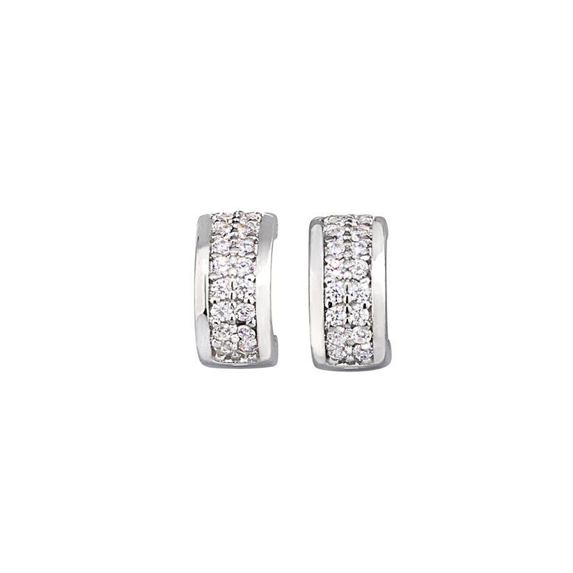 Platinum Finish Sterling Silver Two Row Micropave Huggie Earrings