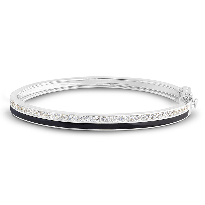 Platnium Finish Sterling Silver Black Enamel Bangle Bracelet