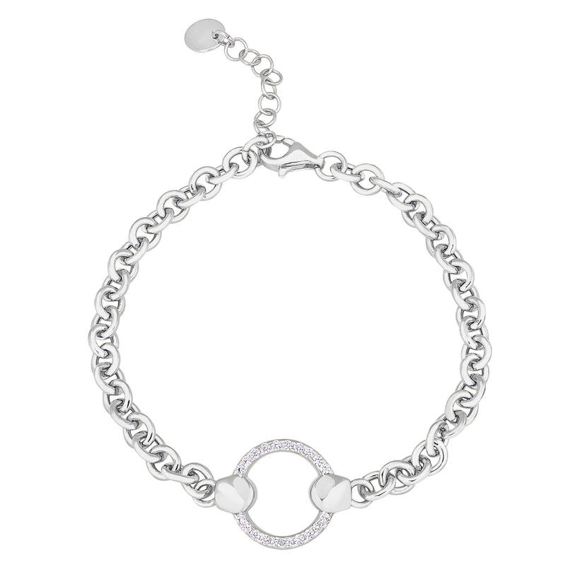 Platnium Finish Sterling Silver Single Row Flexible Cable Link Bracelet with Central Open Circle