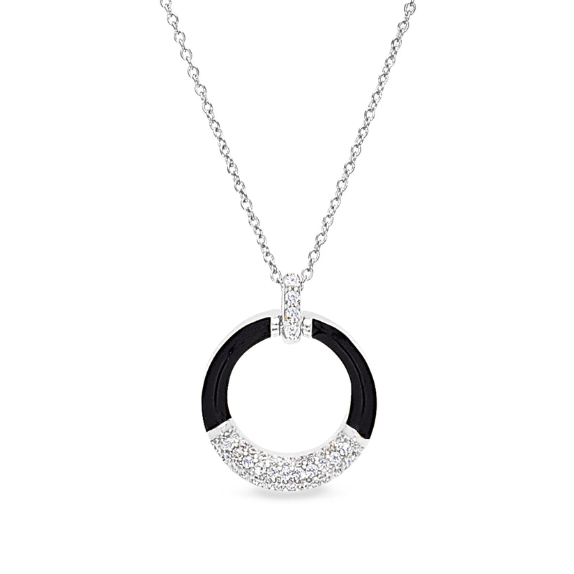 Platnium Finish Sterling Silver Black Enamel Open Circle Pendant