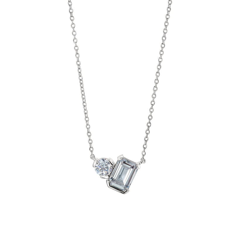 Platinum Finish Sterling Silver Emerald Cut and Round Cut Necklace