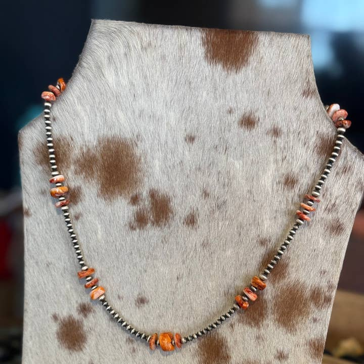 22" Sterling Silver Pearl & Orange Spiny Oyster Nugget Necklace