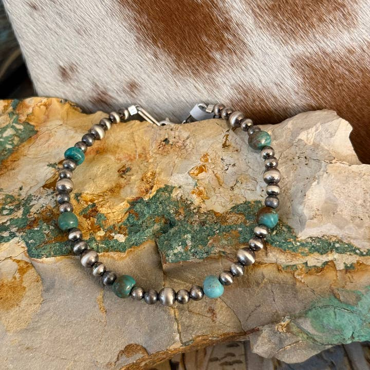 Sterling Silver Pearl & Turquoise Bead Bracelet