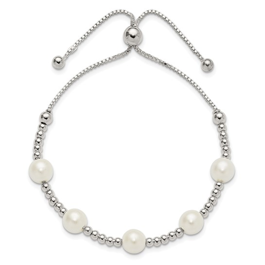Sterling Silver Polished Beaded and Synthetic Pearl Adjustable Bracelet