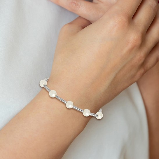 Sterling Silver Polished Beaded and Synthetic Pearl Adjustable Bracelet