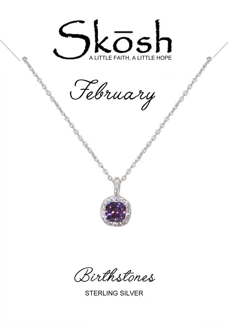 Sterling Silver CZ Halo Birthstone Necklace- February