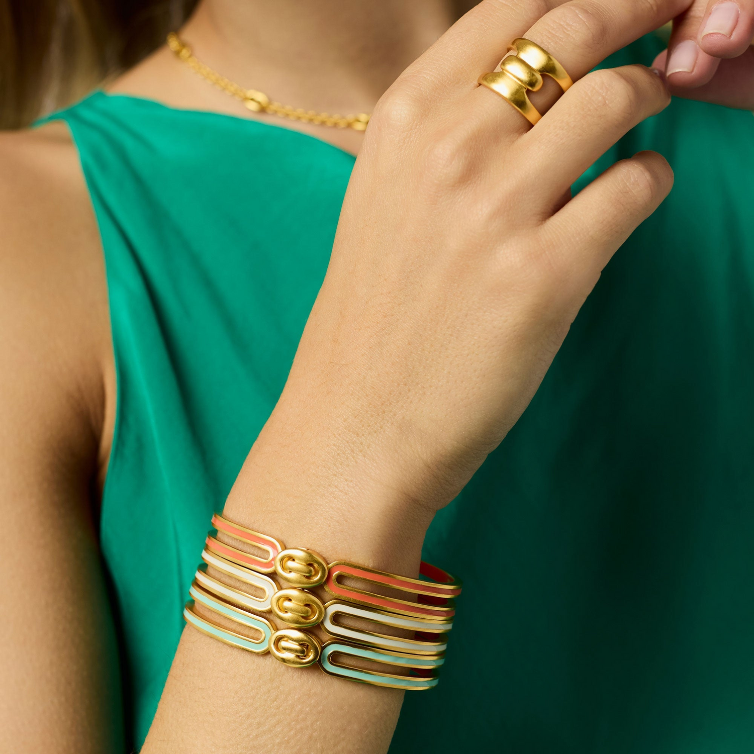 Laguna Enamel Hinge Bangle - Gold & Melon Enamel