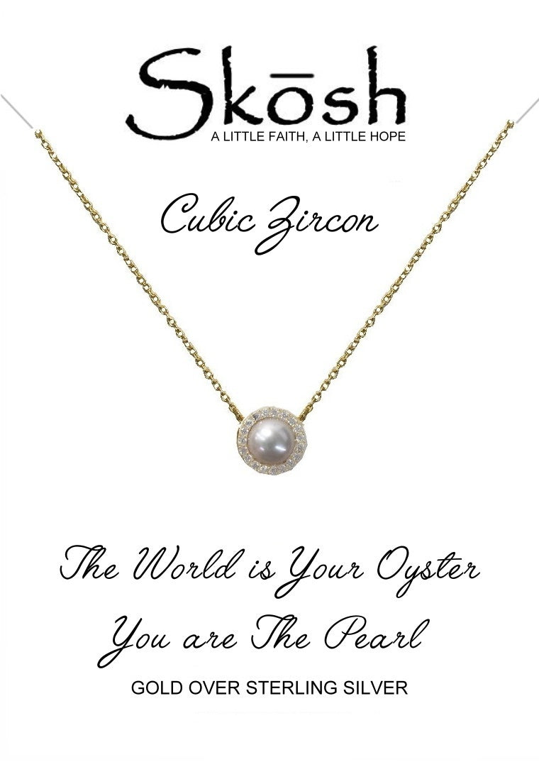 Gold over Sterling Silver 6mm Freshwater Pearl with CZ Halo Necklace