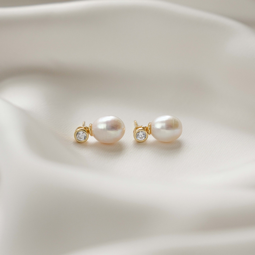 CZ Bezel & Pearl Drop Earrings