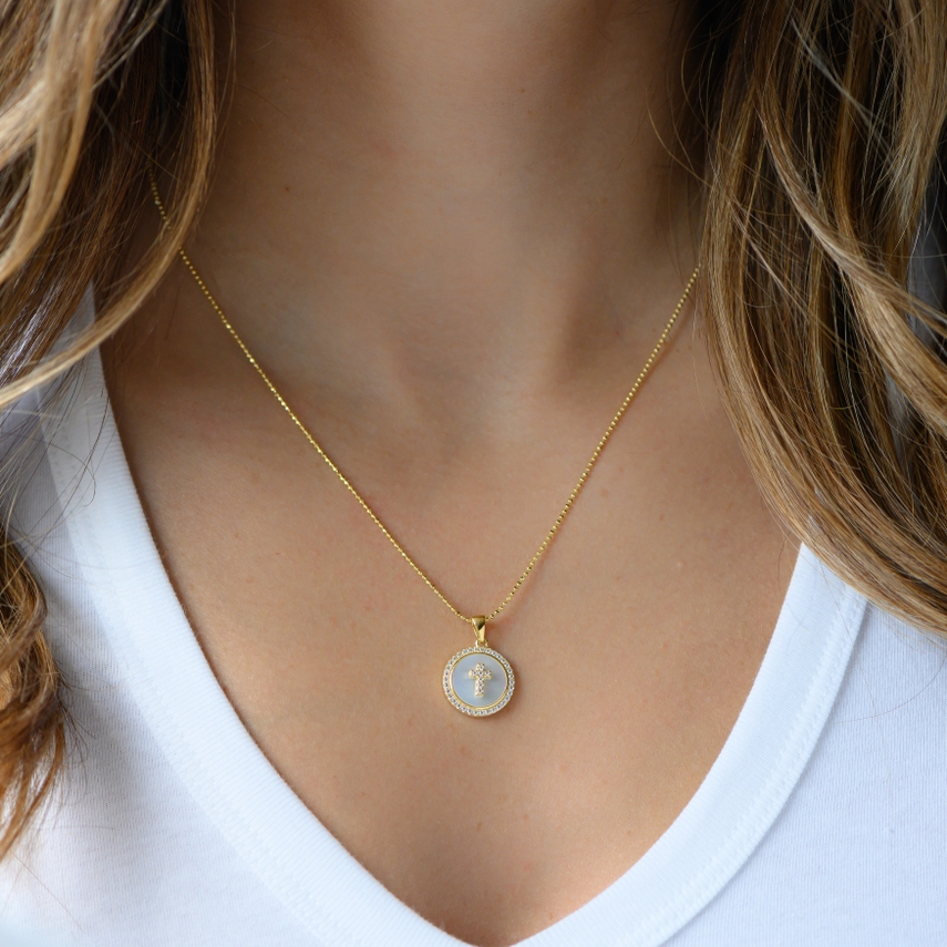 Mother of Pearl and CZ Cross Necklace
