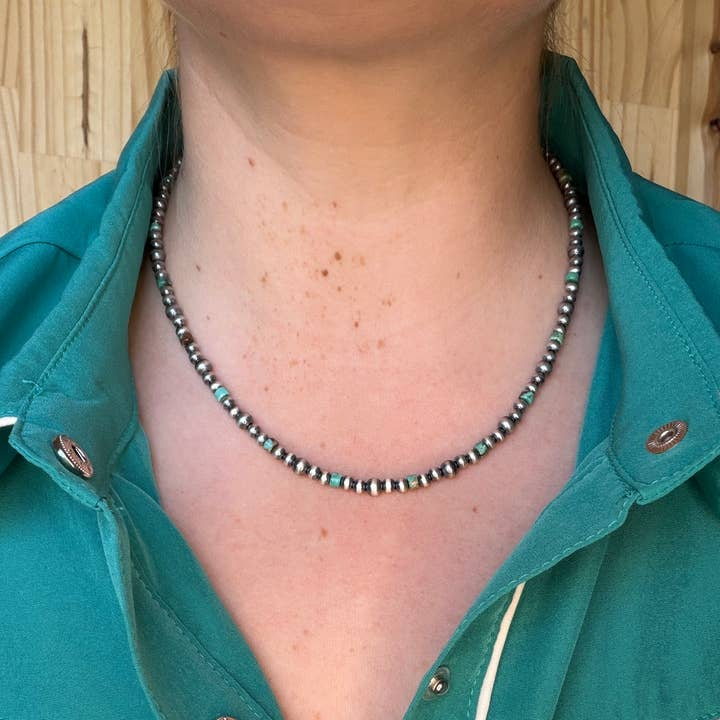 Genuine Turquoise Heishi & Sterling Silver Pearl Necklace