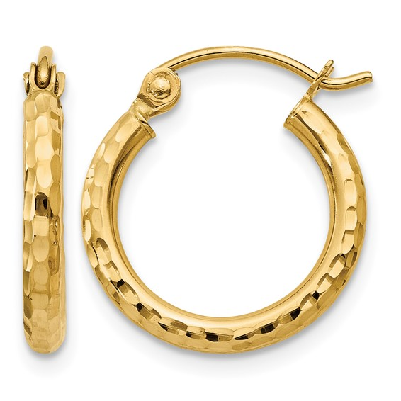 10K Yellow Gold Diamond-cut 2mm Round Tube Hoop Earrings