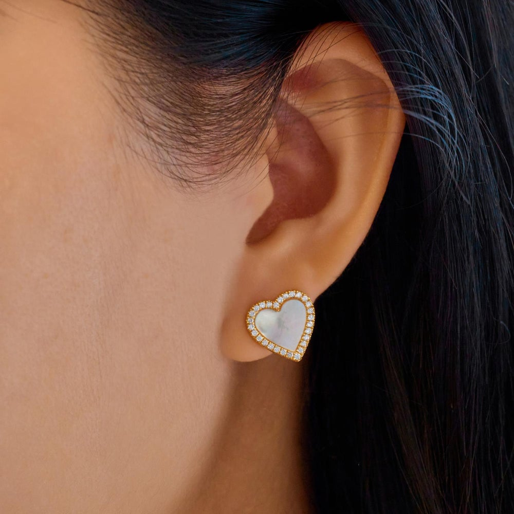 Glimmer Glow Gold Mother of Pearl Halo Heart Stud Earrings